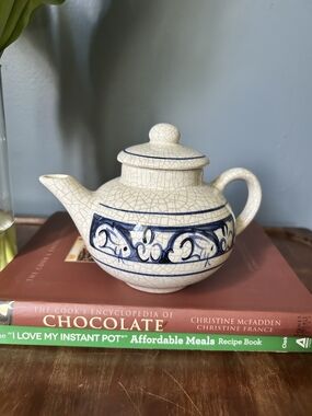 The Potting Shed Hand Painted Ceramic Teapot in Cream with Blue Banding